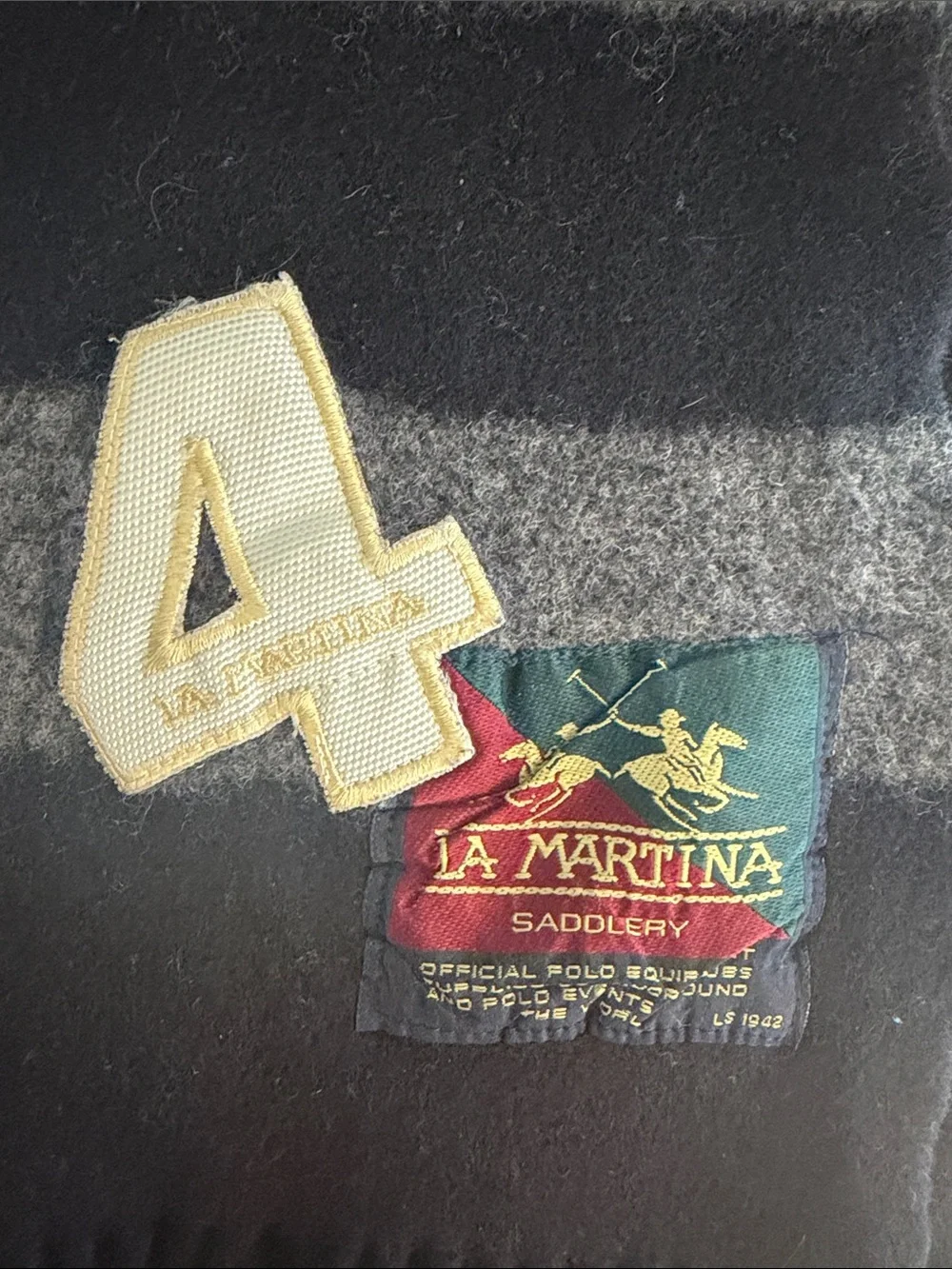 NWOT La Martina | Black & Gray Striped Wool Scarf with Number Patch